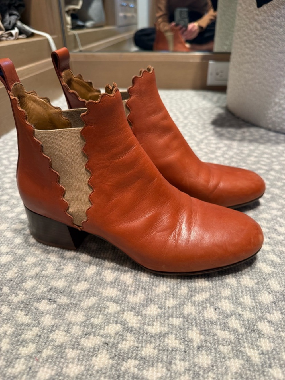 Chloe Scalloped Leather Ankle Boots in Rust Orange